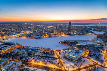 Yekaterinburg aerial panoramic view in Winter at sunset. Ekaterinburg is the fourth largest city in Russia located in the Eurasian continent on the border of Europe and Asia.