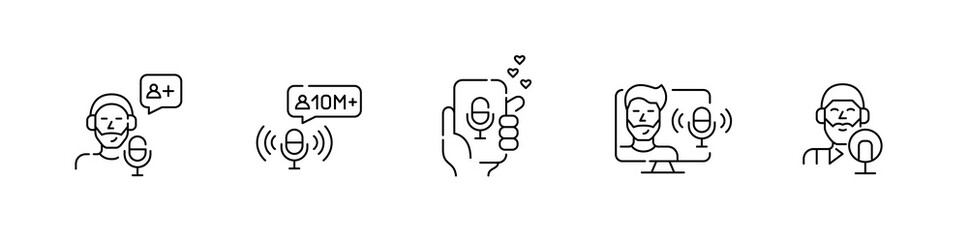 Guy podcast blogger icons set. Pixel perfect, editable stroke designs