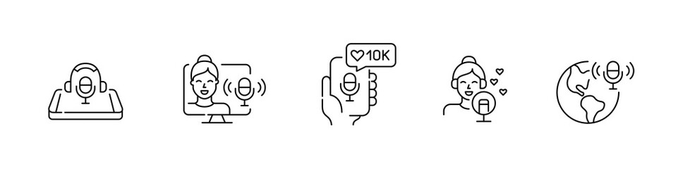 Girl podcast blogger icons set. Pixel perfect, editable stroke designs