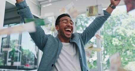 Finance businessman, phone and office money rain in stock market growth, Singapore investment or cryptocurrency success. Happy smile, falling bank cash and asian trader winner on fintech mobile tech - Powered by Adobe