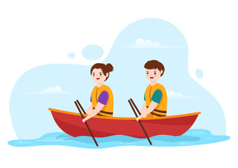 Obraz premium People Enjoying Rowing Illustration with Canoe and Sailing on River or Lake in Active Water Sports Flat Cartoon Hand Drawn Template
