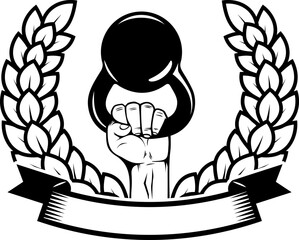 Hand with kettlebells and wreath. Emblem template. Design element for logo, sign, emblem. Vector illustration