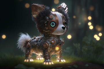 The cutest mechanical dog is sitting in the colorful and fanciful forest. Generative AI.