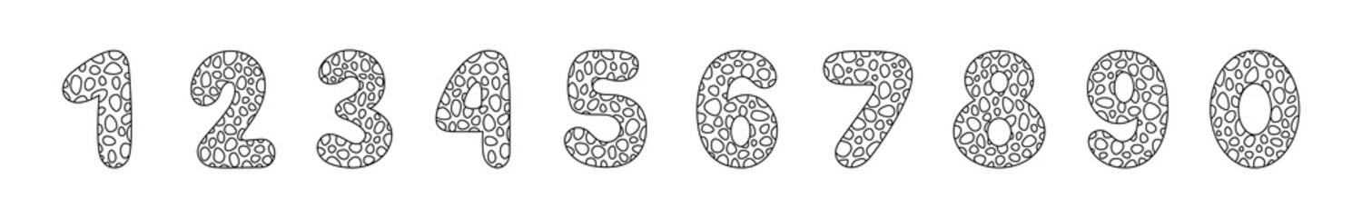 Arabic numerals coloring book for kids. Hand Drawn Arabic Figures From One till Nine. Hand Drawn Script numbers from 0 to 9 in style of doodles on a white background. Numeral. Vector illustration