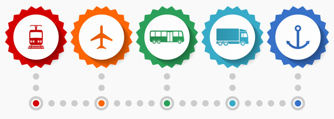 Transport vector icons, travel and logistic flat design web badges collection, business infographic template