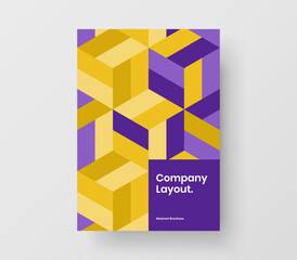 Bright journal cover A4 design vector illustration. Vivid mosaic hexagons handbill layout.