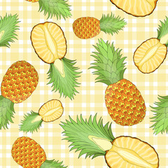 Whole and cut pineapple random repeat seamless pattern. Gingham tropical fruit endless texture. Irregular boundless background. Summer editable surface design for fabric, cosmetics, flyer, menu design