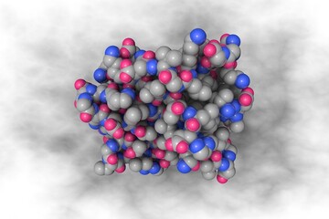 Recombinant human muscle fatty acid-binding protein. Space-filling molecular model on gray background. Rendering based on protein data bank entry 2hmb. Scientific background. 3d illustration