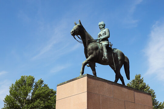 Helsinki, Finland - August 20, 2022: The equestrian statue of Marshal Gustaf Mannerheim ( 1867-1951) by Aimo Tukiainen (1917-1996), erected in 1960 and located in the city centre.