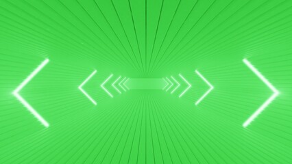 Green neon laser led lights on Sci-Fi futuristic modern spaceship in dark tunnel. White corridor hangar garage metal glossy with showroom empty stage. Concept 3D CG of fantastic world.