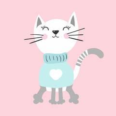 Cartoon style illustration. Perfect for nursery poster. Cute Cat with sweater.