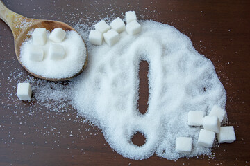 sugar and exclamation mark. Concept of thinking while consuming sugar.