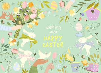 Fototapeta na wymiar Cartoon Easter Frame with Bunnies, Eggs and Bouquets Of Spring Flowers