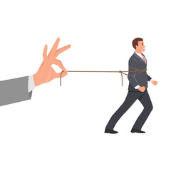 Boss hand pulling a stressed man on the rope. Flat vector illustration isolated on white background