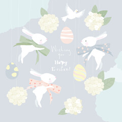Happy Easter Greeting Card with Cute White Bunnies and Eggs