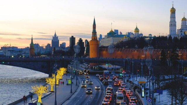 Moscow. Russia.  January 01, 2023: Moscow Kremlin, moscow river, Bolshoy kamenny bridge. Festive New Year's illumination. Winter view