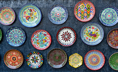 Arabic painted ceramic plates on the wall.