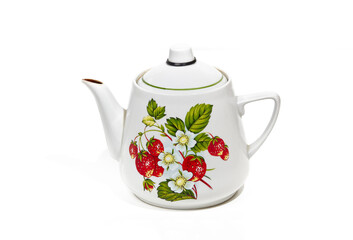 Old porcelain teapot isolated on white background. Ceramic kettle with picture