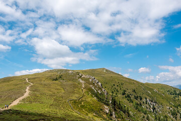 A hiking trail leading to Mirnock Peak in the Nock Mountains, Gurktal Alps, Austria.