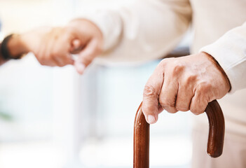 Walking stick, senior patient and nurse hands for help, support and therapy for disability,...
