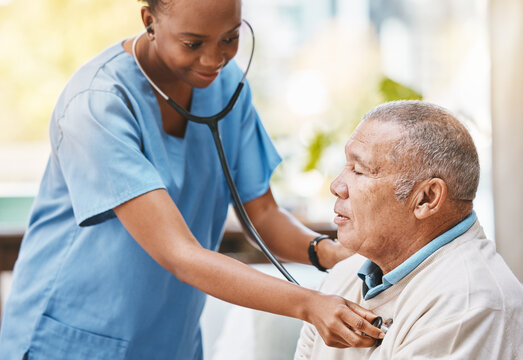 Nurse, Senior Patient And Stethoscope For Healthcare Service, Caregiver Career Or Heart Check In Hospital, Clinic Or Retirement Home. Nursing, Consulting And Cardiology Of Elderly Man And Black Woman