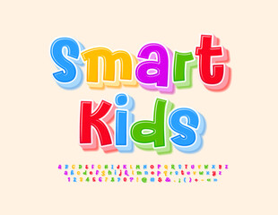Vector playful sign Smart Kids. Bright Glossy 3D Font. Colorful Alphabet Letters and Numbers set