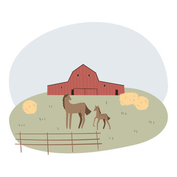 farm life illustration, domestic animals clipart, farm market, cottage scenery clip art, flat vector style