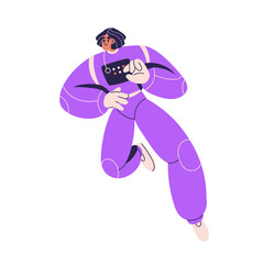 Woman astronaut floating in zero gravity. Female cosmonaut in spacesuit, soaring in space flight. Weightless cosmos tourist in futuristic costume. Flat vector illustration isolated on white background © Good Studio
