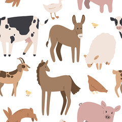 Obraz premium farm seamless pattern with domestic animal, country life digital paper, Vector illustration clipart in flat cartoon style