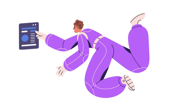 Astronaut in spacesuit floating in weightlessness. Cosmonaut in space suit flying, soaring during cosmos flight. Man in zero gravity, antigravity. Flat vector illustration isolated on white background