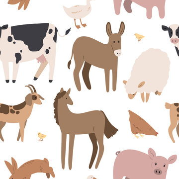 farm seamless pattern with domestic animal, country life digital paper, Vector illustration clipart in flat cartoon style