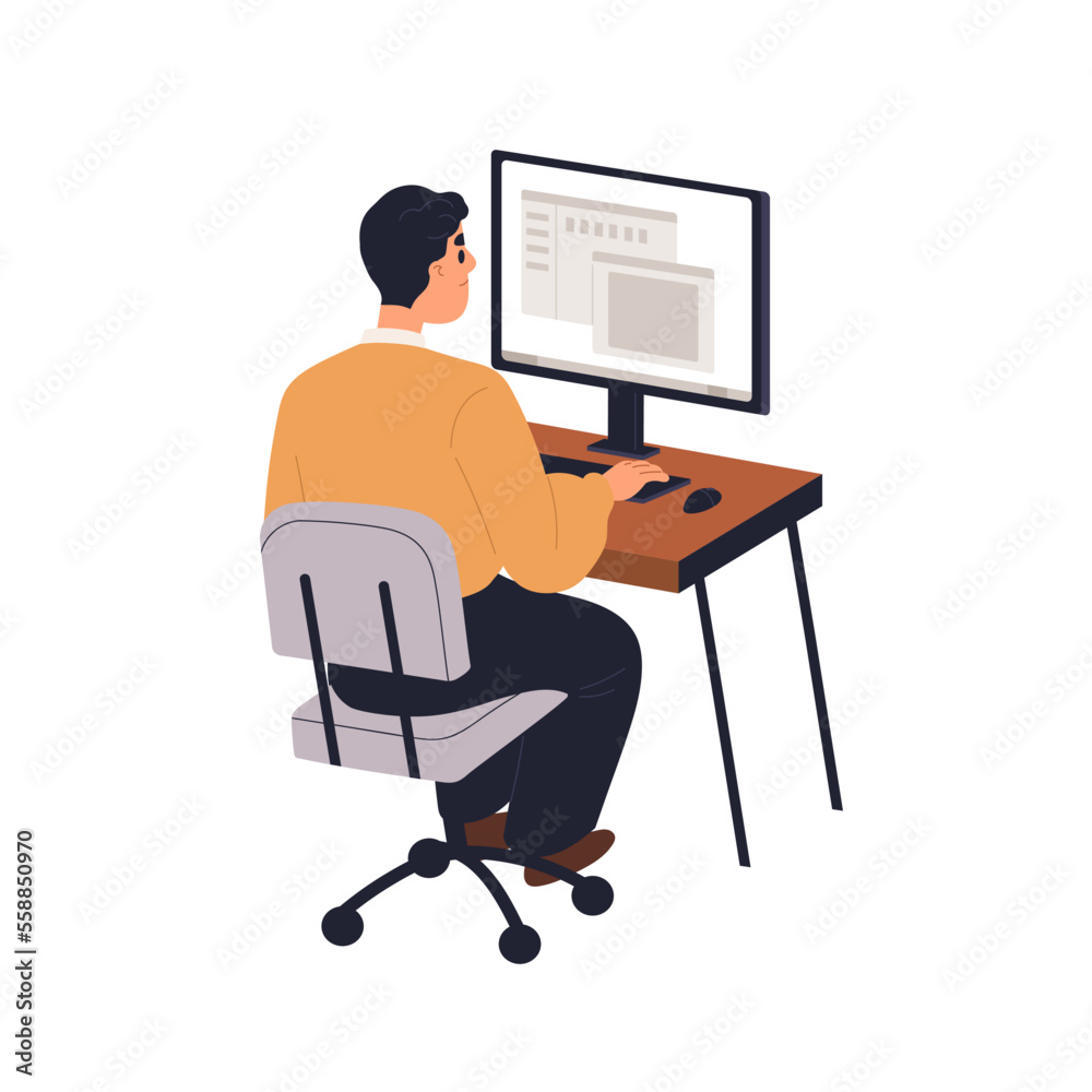 Poster employee works at computer desk. office worker sitting in chair, working at desktop at table. busine