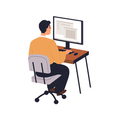 Employee works at computer desk. Office worker sitting in chair, working at desktop at table. Business man at workplace, PC screen, display. Flat vector illustration isolated on white background