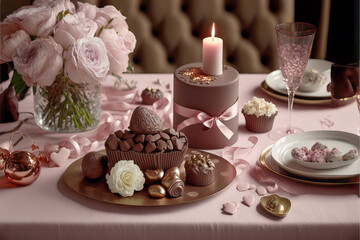 Obraz na płótnie Canvas Valentine's day romantic scene with chocolates and flowers on the table - Generative AI