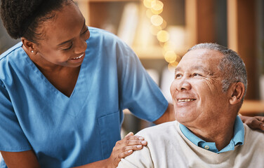 Help, support and medical with nurse and old man for retirement, rehabilitation or healing. Empathy, physical therapy and healthcare with patient and black woman in nursing home for caregiver service