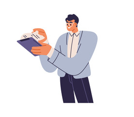 Happy businessman holding business documents. Employee, manager with report on clipboard. Man entrepreneur works with papers, contracts. Flat vector illustration isolated on white background
