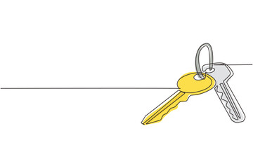 Continuous one line drawing house key with blank isolated on white background. Concept of privacy, security and protection. Vector illustration in flat trendy style. Single line draw design graphic