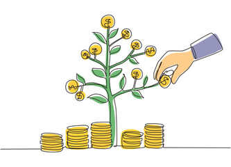 Single continuous line drawing businessman hand pick up coin from growing money tree. Background concept for return money saving and investment. One line draw graphic design vector illustration