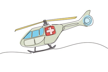 Single continuous line drawing ambulance helicopter. Medical evacuation helicopter. Healthcare, hospital and medical diagnostics. Urgency and emergency services. One line draw graphic design vector