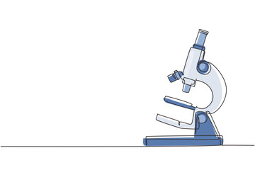 Single continuous line drawing simple microscope. Lab microscope to magnify bacteria size under the lens. Back to school minimalist, education concept. One line draw graphic design vector illustration