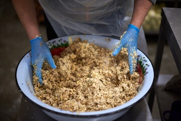 Professional chef in blue gloves are mixing a ingredients for future meals. Close up with gloved hands. Natural and healthy food.