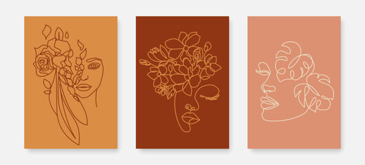Modern Abstract Line Art Creative Floral Wall Art Set. Floral Artistic Backgrounds with Woman Face and Flowers Line Art Style for Wall Decor, Postcards or Covers, Prints, Posters. Vector Illustration.