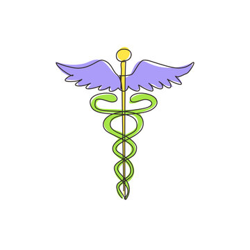 Single continuous line drawing caduceus, medical center, pharmacy, hospital with popular symbol of medicine. Medical health care icon logo. Dynamic one line draw graphic design vector illustration