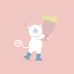 cute and lovely hand drawn cat and flower, happy valentine's day, birthday, love concept, flat vector illustration cartoon character design isolated