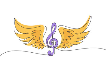 Continuous one line drawing treble clefs with wings isolated on white background. Winged feather violin clef or music symbol. Musical logo icon. Single line draw design vector graphic illustration