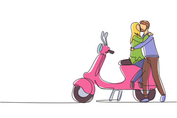 Single continuous line drawing scooter, travel, couple, adventure, ride concept. Family couple travel by scooter. Happy Arab man and woman ride motorcycle. Dynamic one line draw graphic design vector