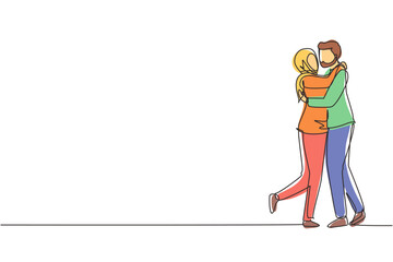 Single continuous line drawing loving Arab couple kissing and hugging. Couple lovers kissing and holding hands. Happy man and woman celebrating wedding anniversary. One line draw graphic design vector
