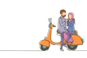 Continuous one line drawing Arabian riders couple trip travel relax. Romantic honeymoon moments sitting and talking on motorcycle. Man with woman riding scooter. Single line draw design vector graphic