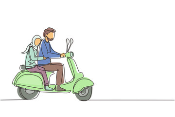 Single continuous line drawing Arabian couple riding motorcycle. Man driving scooter and woman are passenger while hugging. Driving around city. Drive safely. One line draw design vector illustration