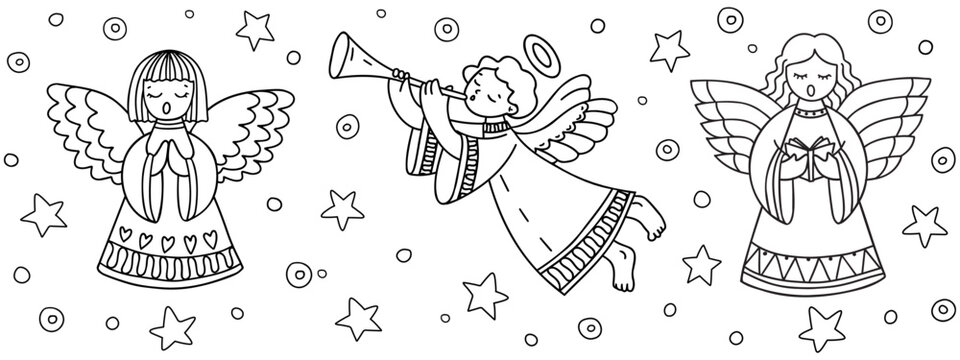 Angels singing canons and playing trumlet. Hand drawn illustration.